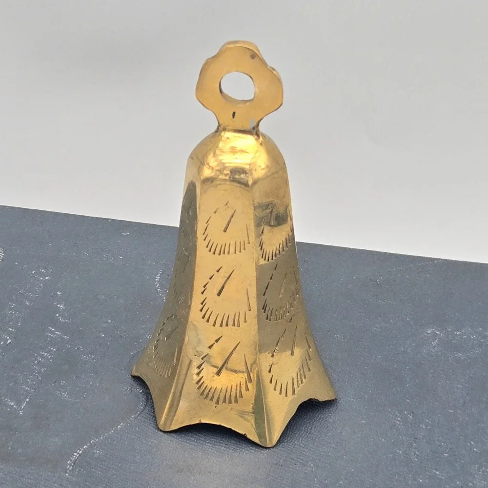 Vintage Small Solid Brass Bell Scalloped Edge Etched Design Meditation Chime 4